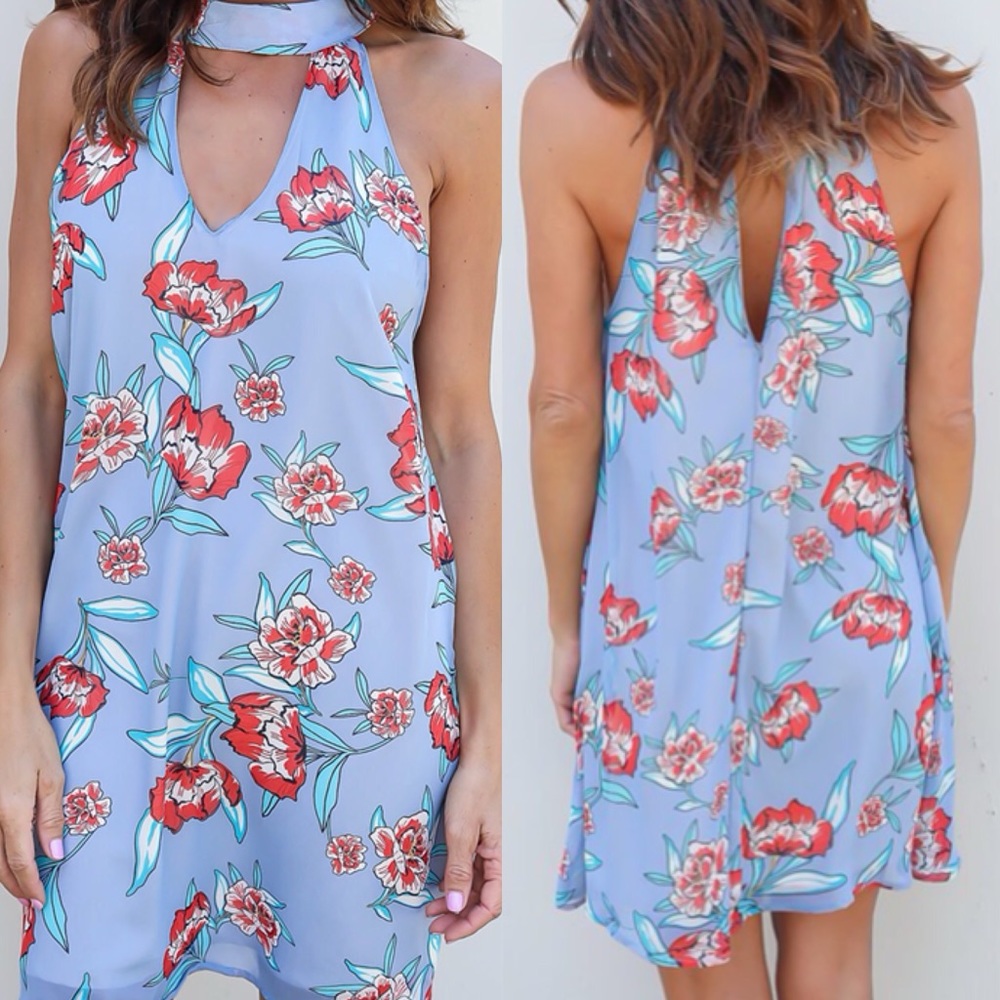 Blue Periwinkle Floral Choker Neck Dress - Picture 2 of 3